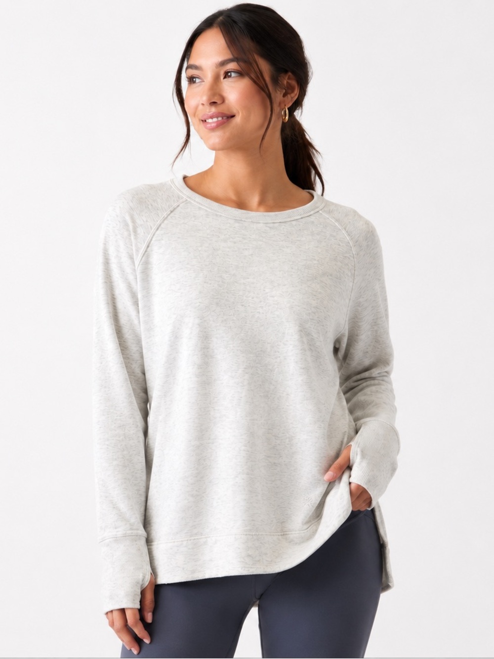 Athleta Cozy Karma Pullover Sweatshirt Women’s Large Heather Ivory Tencel